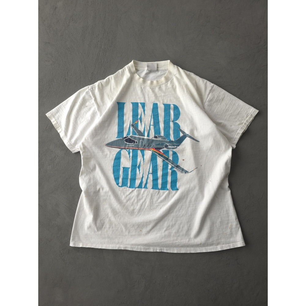 Vintage 90s Lear Gear Jet Plane White Distressed T-shirt L Oneita Power-T